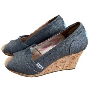 TOMS Women’s Size 7 Denim Cork Wedge Peep Toe Slip On Heels
